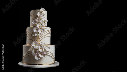 A Luxurious Wedding Cake Adorned with Floral Details and Gold Finishes.