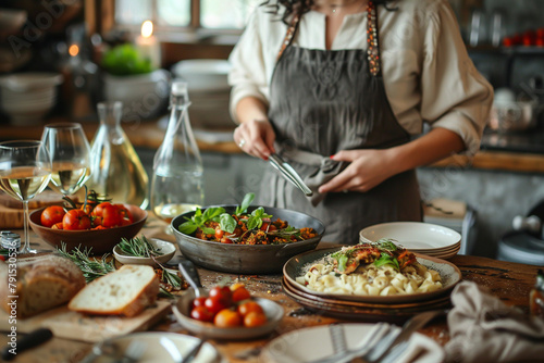 Photo of a rustic table set with a variety of food, including pasta, bread, and tomatoes. There is a woman in the background wearing an apron and cooking.