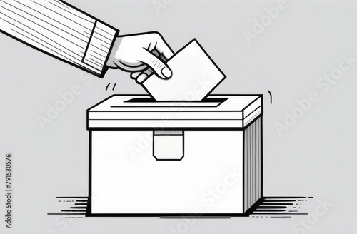 Illustration of a shirtless man's hand lowering his vote into the ballot box. Icon, drawing. Election and voting day. A man puts down a piece of paper.