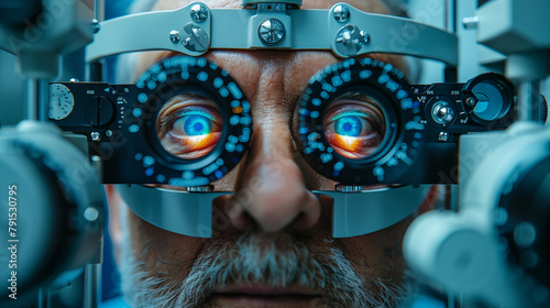 Close-up of a man in an ophthalmic laboratory. photo