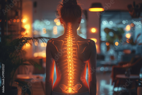 a woman suffering from lower back pain. Lower back pain in a woman, isolated spine.