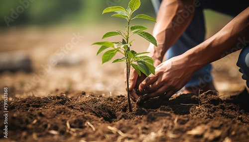 A closeup of a person planting a young tree in a community garden, representing growth and renewal, both literally and metaphorically, as part of an environmental recovery initiative photo