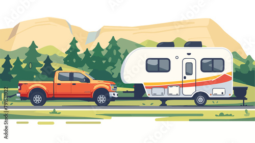 Pickup truck and trailer caravan on the road against © Tech