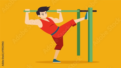 A martial artist hangs from a pullup bar bringing their knees up to their chest with each repetition engaging the core muscles and improving