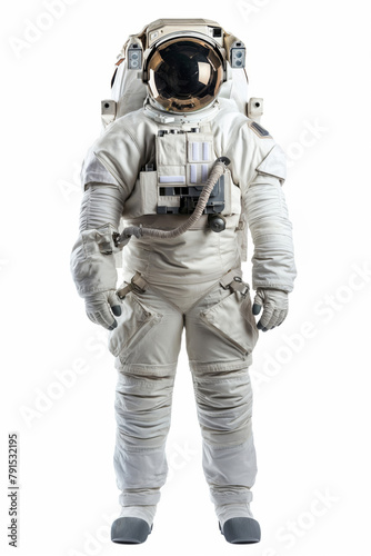 Full-length portrait of an astronaut in a detailed spacesuit against a white background