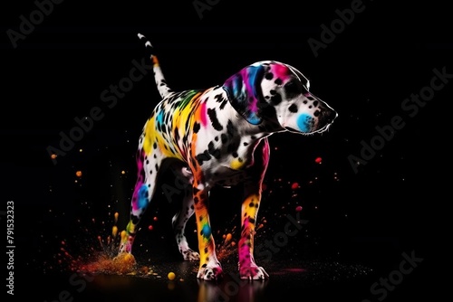 Colorful Dalmatian Dog with Rainbow Bodypainting and Paint Splashes on Black Background photo