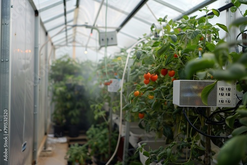 A greenhouse with integrated sensor networks and actuators for automated climate control and ventilation.