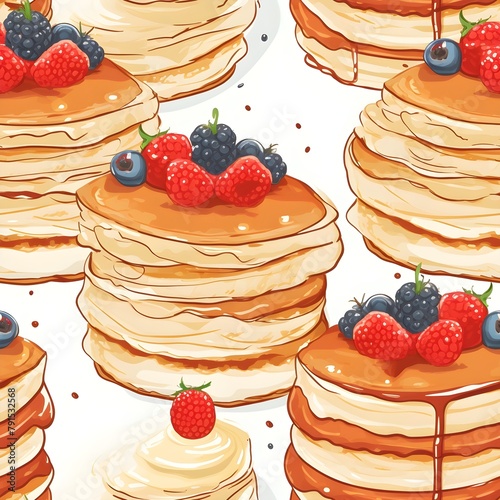 Illustration of stacks of pancakes with blue berries, Seamless and repeatable image, cafe theme, cute, on white background, pattern, wallpaper banner