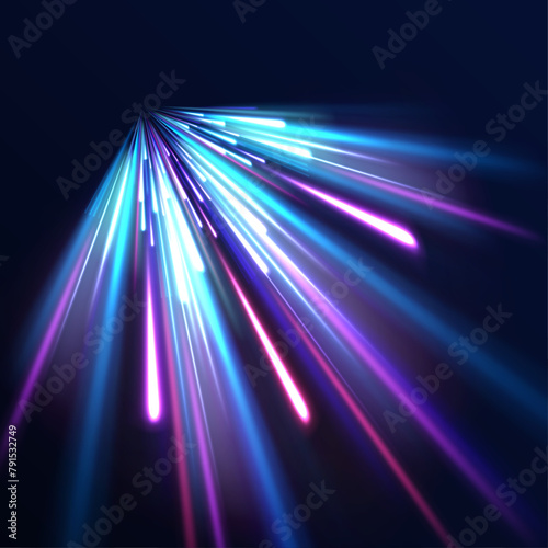 Magic sparkling trails of comet. Luminous lines on transparent background. Panoramic high speed technology concept, light abstract background. 