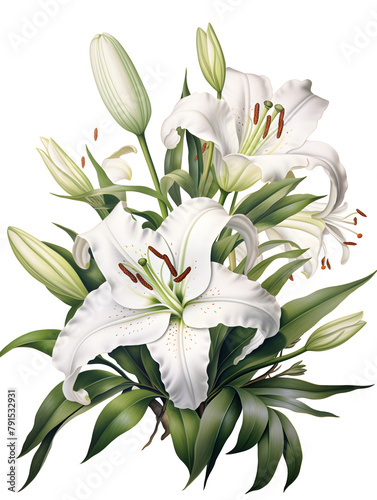 Illustration bouquet of white lilies flowers on white background 