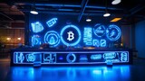 An electric blue neon sign depicting various cryptocurrency symbols, installed in a tech hub, symbolizing the cuttingedge nature of digital finance
