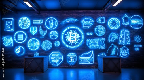 An electric blue neon sign depicting various cryptocurrency symbols, installed in a tech hub, symbolizing the cuttingedge nature of digital finance photo