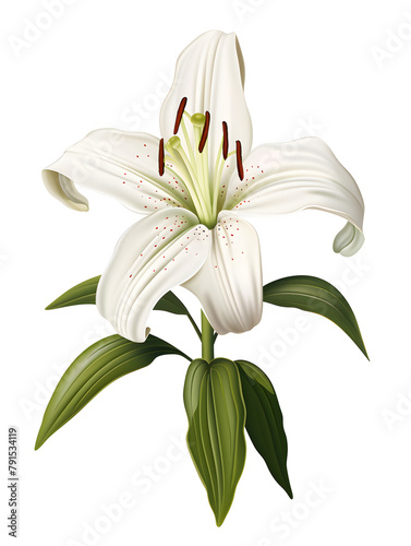 Illustration of one white lilies flower on white background 