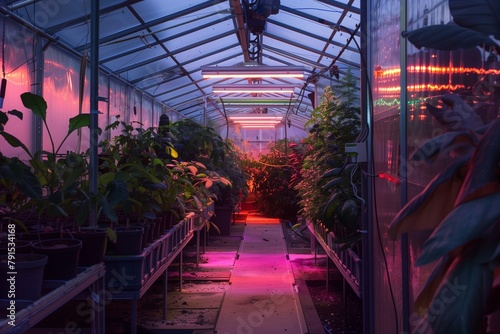 A greenhouse with automated lighting systems, providing plants with the optimal amount and spectrum of light for growth.