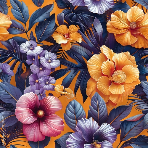 Detailed Vibrant Flower Pattern on Peach Background