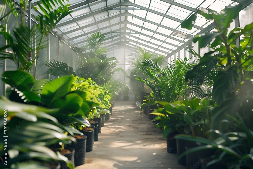 A greenhouse equipped with climate control technology, maintaining optimal temperature and humidity levels for plant growth.