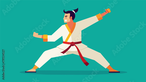 With arms extended in perfect symmetry a martial artist demonstrates balance and control as they flawlessly exee a series of punches and kicks.