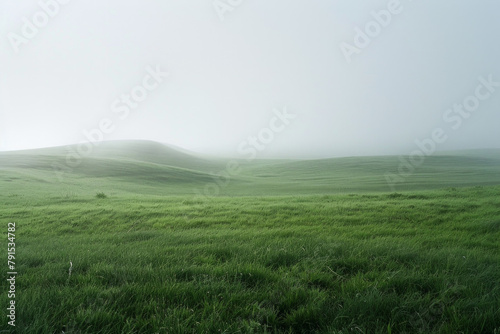 The ethereal beauty of a misty morning in a peaceful meadow, with soft fog blanketing the grassy landscape. 