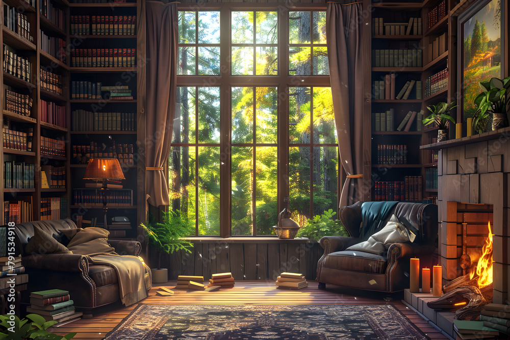 A cozy reading nook with a large window.