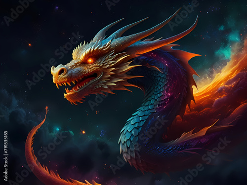 Chinese dragon gliding through a cosmic galaxy