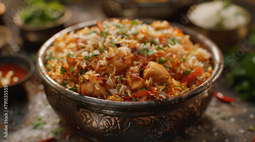 Spicy and tasty chicken biryani  hyperrealistic food photography