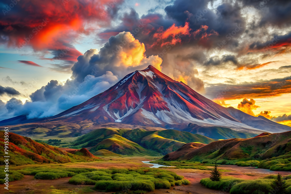 Mountains with a red peak in the distance and a few clouds. Epic beautiful landscape. - obrazy, fototapety, plakaty 