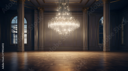 A sleek, modern chandelier suspended from the ceiling of an empty, elegant room, its crystals catching the light. photo