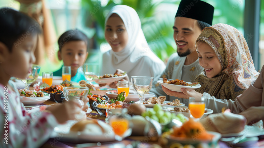 Muslim family gathering around dining table for Ramadan dinner.