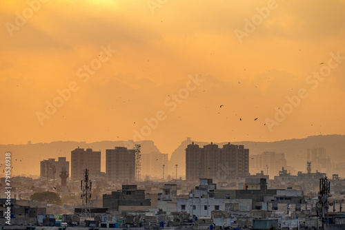  Aerial Sunset view of Karachi City. Karachi. Building and landmark