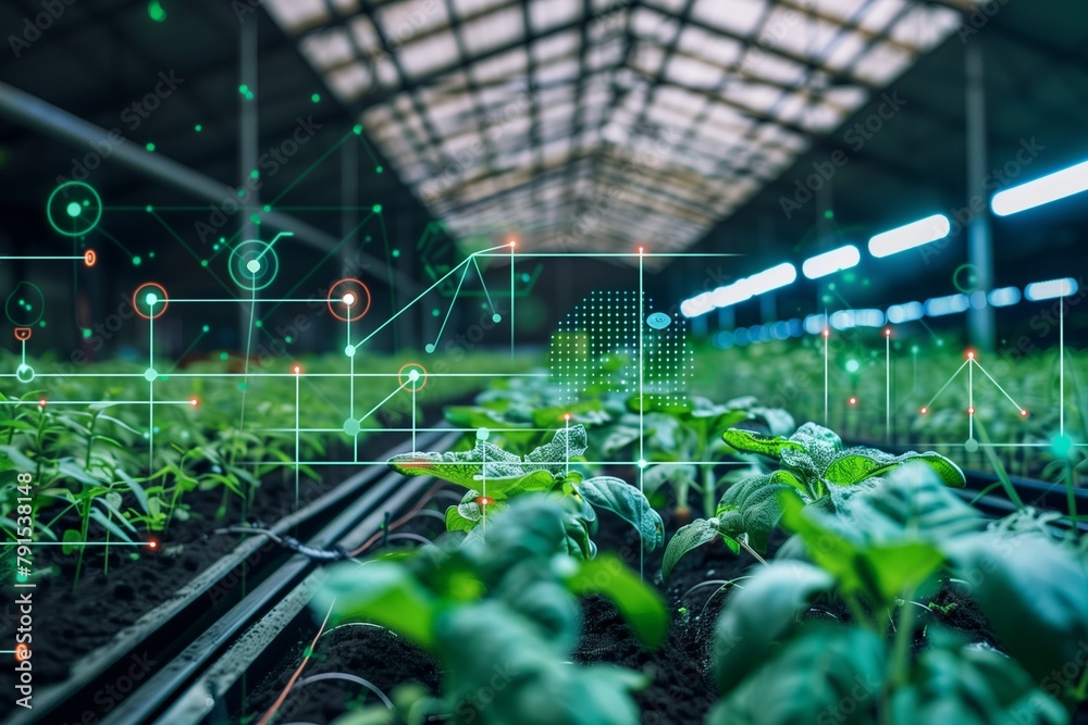 A farm with automated crop monitoring systems using machine learning to detect diseases and nutrient deficiencies early.