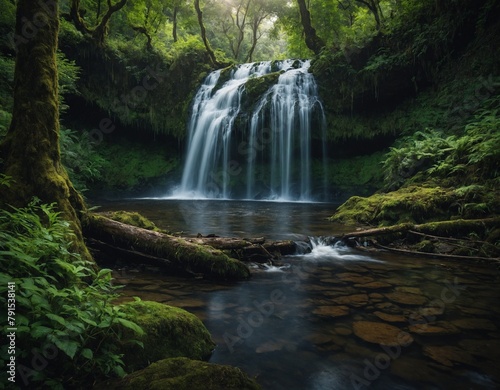 Showcase a tranquil waterfall hidden in a lush forest. 