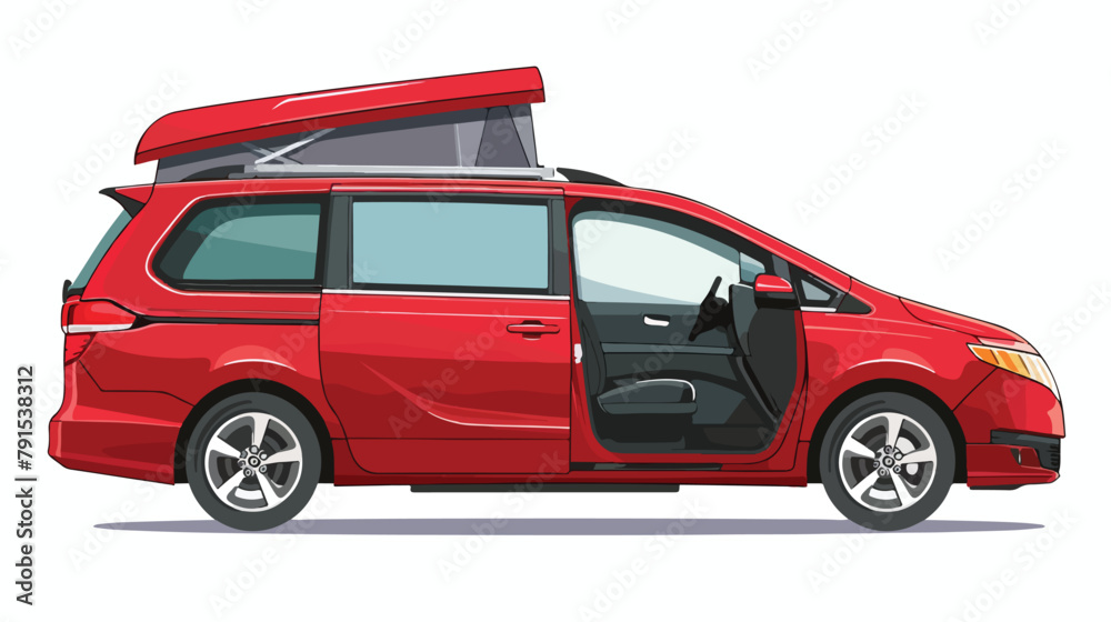 Red minivan with open trunk isolated. Vector flat sty