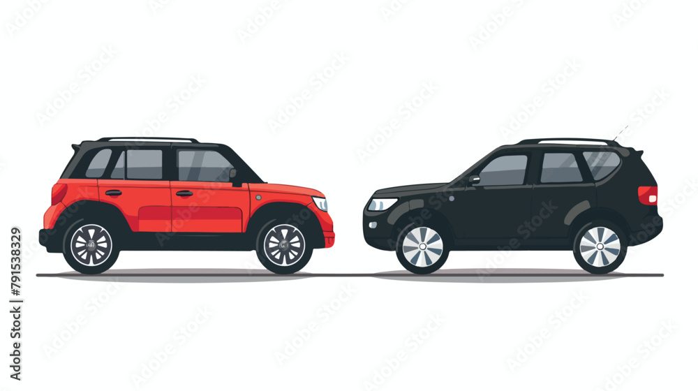 Red ompact city car and black suv car. Vector flat illustration