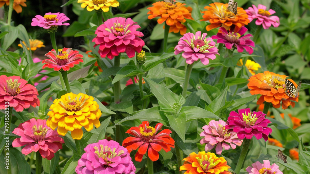 A cluster of vibrant zinnias in various shades of pink, orange, and yellow, their cheerful blooms attracting butterflies and hummingbirds as they sway in the summer breeze against 