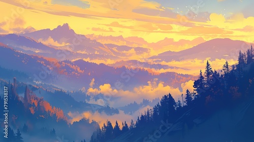 The bright saturated colors of dawn over the sea of ​​​​fog over the Carpathian peaks are an extraordinarily beautiful panorama, illuminated by the golden rays of the morning sunrise 