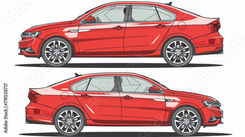 Red sedan car two angle set. Car with driver man side