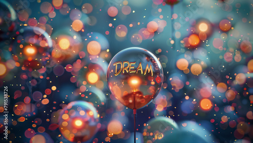 Semi-transparent balloons with the glowing inscription "DREAM"