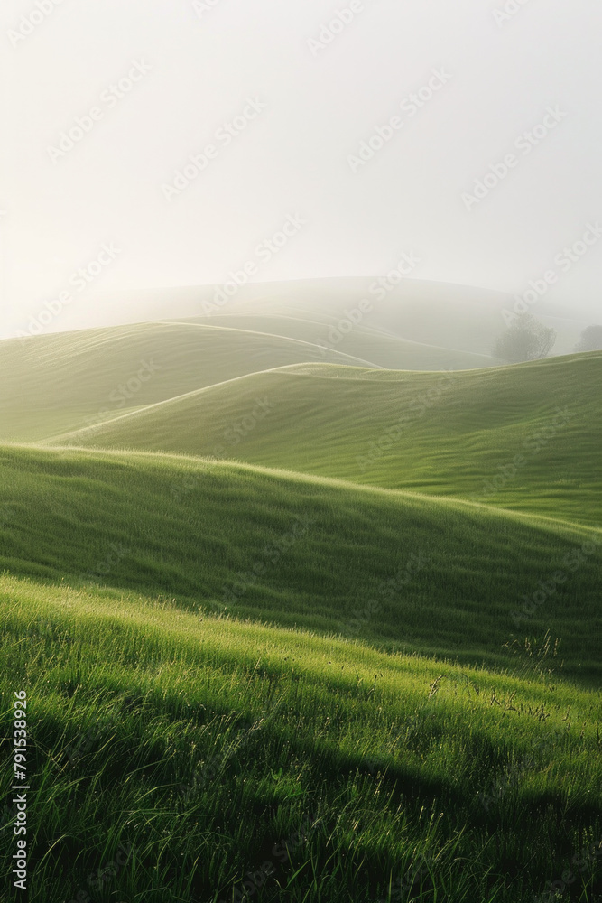 The ethereal beauty of a misty morning in a peaceful meadow, with soft fog blanketing the grassy landscape. 