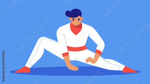 A fighter sits on the ground wide in a straddle position reaching forward to touch their toes while maintaining a straight back improving