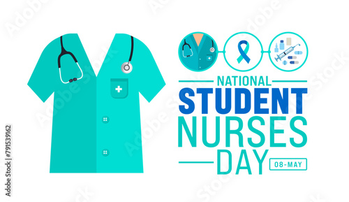 Student Nurses Day background template. nurse dress, medical instrument, medicine, Medical and health care concept. use to background, banner, placard, card, and poster design. photo