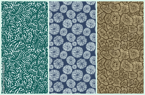 Set of seamless floral organic bio eco bionic vector laconic monochrome ink pattern hand drawn elements companion for fabric design, decor, ceramics, cards, flowers texture print for background design