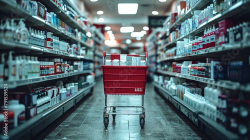 A striking concept art showcasing an empty red shopping cart parked in a well-lit supermarket aisle, surrounded by shelves stocked