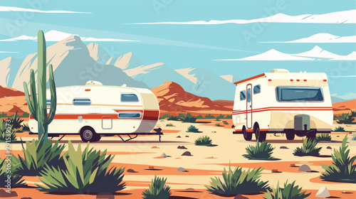 Retro camper car trailers caravan. Desert landscape. © Tech