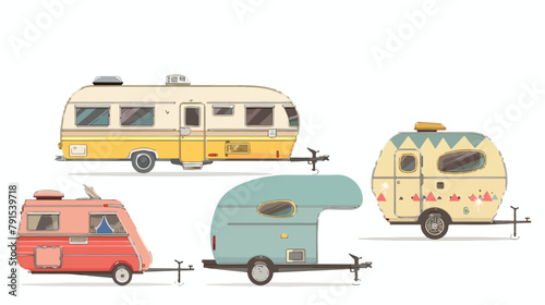 Retro camper car trailers caravan isolated. Vector fl