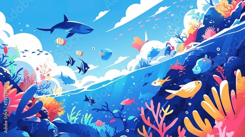 Underwater landscape, manta and fish shoal, corals and seaweeds, vector sea or ocean undersea background. Deep water or underwater landscape with marine blue scene silhouette of manta ray and fishes © mangsi