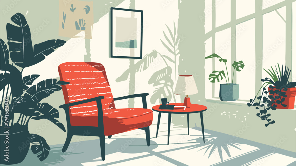 Retro interior. Living room with red chair coffee tab