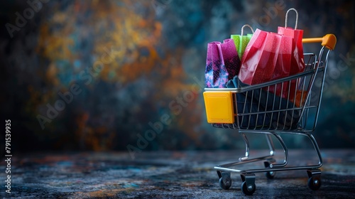 A shopping cart brimming with colorful electronics and tech gadgets, isolated on a futuristic background, symbolizing innovation and modernity.