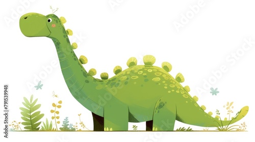 A whimsical green dinosaur character set against a clean white backdrop