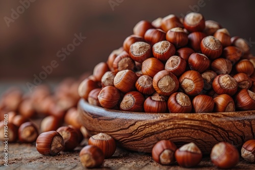 Hazelnuts, Cobnuts, Filberts in Wooden Bowl on Table. Isolated on Brown Background.