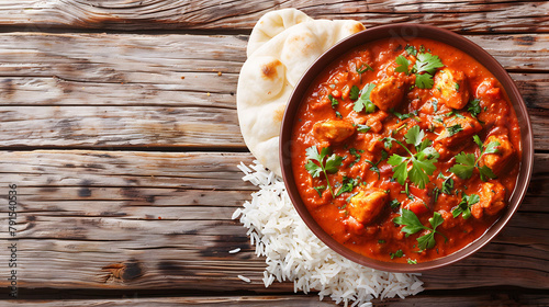 Spicy chicken tikka masala in bowl on rustic wooden background, With rice, indian naan butter bread, spices, herbs, Space for text, Traditional Indian, British dish, Top view, Indian food, Copy space